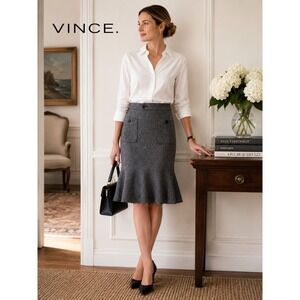 VINCE Gray Wool Blend Flounce Hem Skirt Size 8 Career Chic